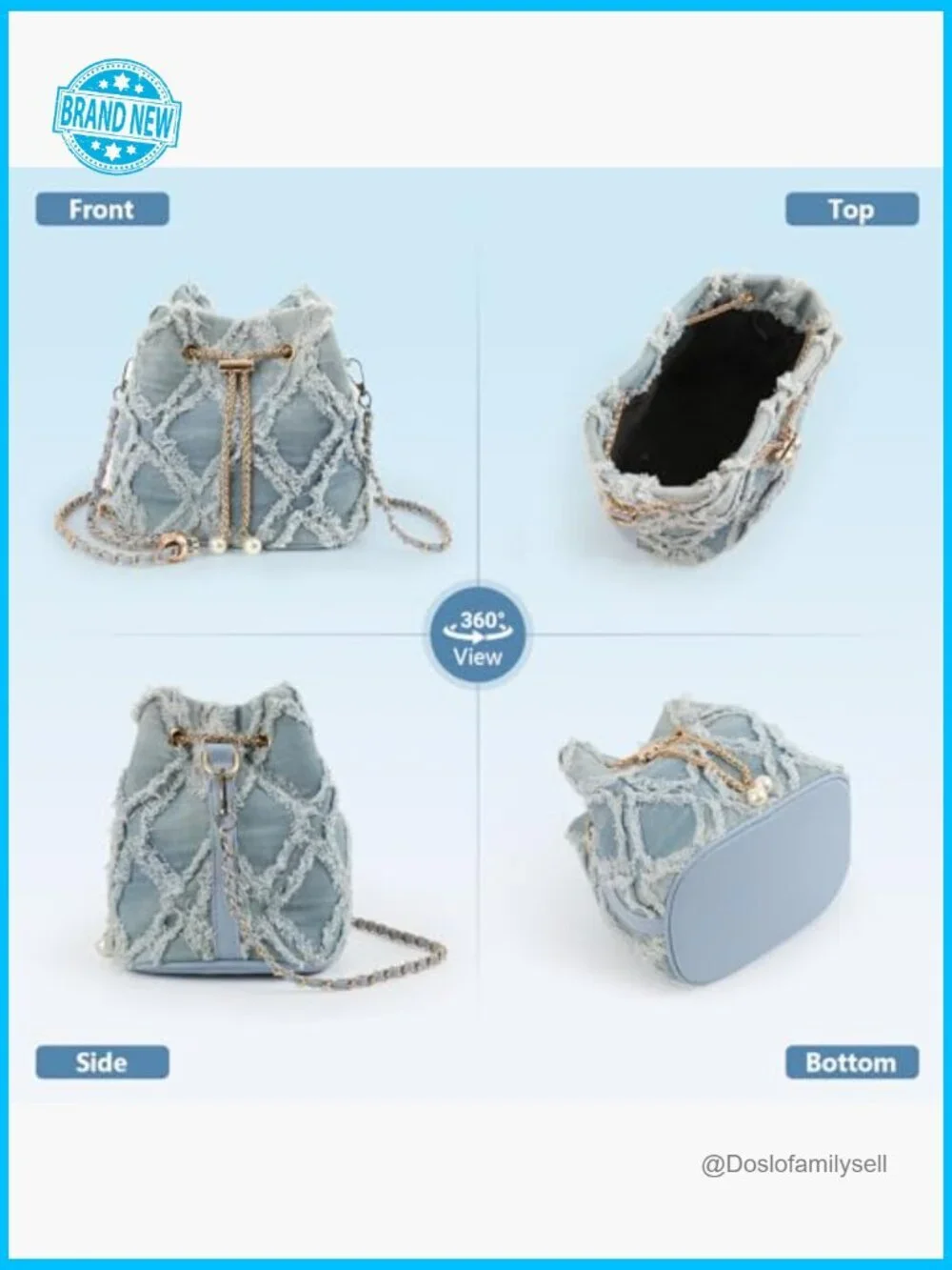 Y2K Denim Bucket Bag Hobo Crossbody Drawstring Shoulder Purse Quilted Chain